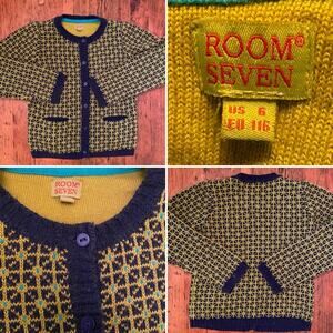 ROOM SEVEN Boutique Netherlands Hand Made Cardigan Sweater Navy Yel Kids 6 EUC